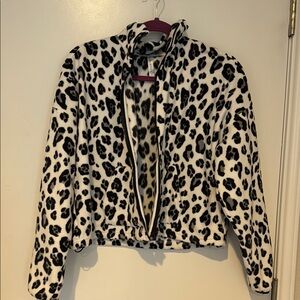 Fabletics Black and White Teddy Jacket Cropped Leopard Print